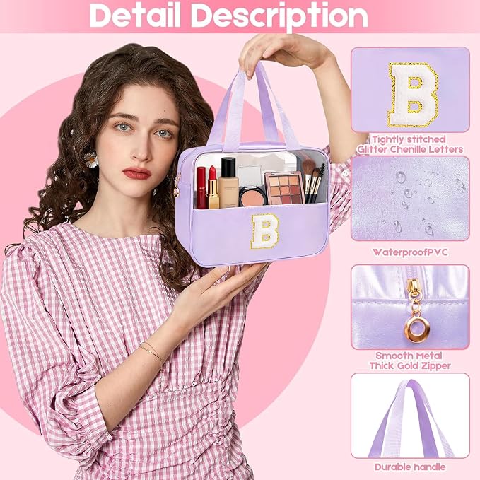 Personalized Initial B Clear Purple Makeup Bag - Large Travel Toiletry Bag, Cute Cosmetic Organizer Set for Girlfriend, Teacher, Teen Girl Gifts