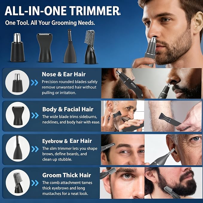 Nose Hair Trimmer for Men and Women,3 in 1 Painless Rechargeable Ear and Nose Trimmer,Eyebrow Facial Hair Trimmers All in One Grooming Kit Dual Edge Blades for Smoother Removal,Easy Cleansing