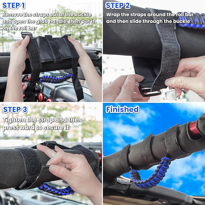 E-cowlboy Roll Bar Grab Handles Grip Handle for Jeep Wrangler JK JKU JL JLU TJ YJ Sports Sahara Freedom Rubicon Unlimited Gladiator JT 1955-2023 UTV ATV Accessories Premium 550 Paracord (Blue 2 Pack)