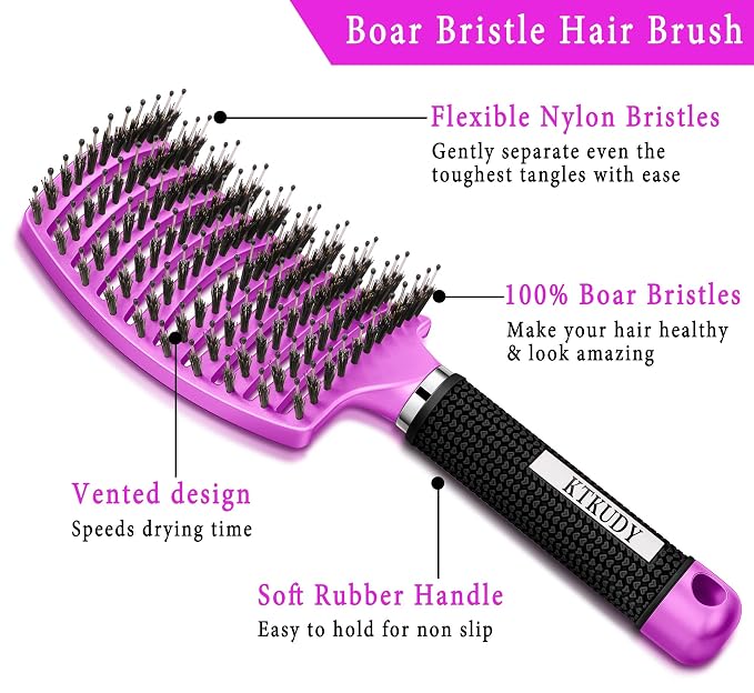 Detangling Brush for Women & Kids, Wet & Dry Hair, All Hair Types | Less pulling & breakage, Boar bristles tame frizz & add shine, Vents for faster blow-drying, Lightweight 4 oz, Non-slip grip