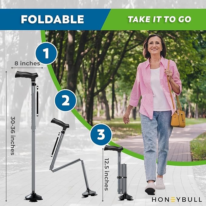 HONEYBULL Walking Cane for Men & Women Foldable, Adjustable, Heavy Duty, Free Standing, All Terrain, Collapsible Walking Sticks for Seniors & Adults (Gray)
