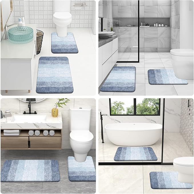 OLANLY Bathroom Rug Set 2 Piece, Soft Absorbent Microfiber Bath Mats and U-Shaped Contour Toilet Rug, Non-Slip, Machine Wash Dry, Plush Shaggy Bath Mats for Bathroom (30"x20"+U24 x20, Blue)