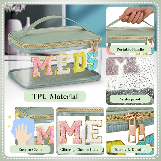Geetery Chenille Letter Bag, Meds Cheer Travel Cases Cheerleader Gifts Cosmetic Bag Nylon Makeup Portable Preppy Patch with Zipper Toiletry Storage Case for Women(Sage Green,Meds)