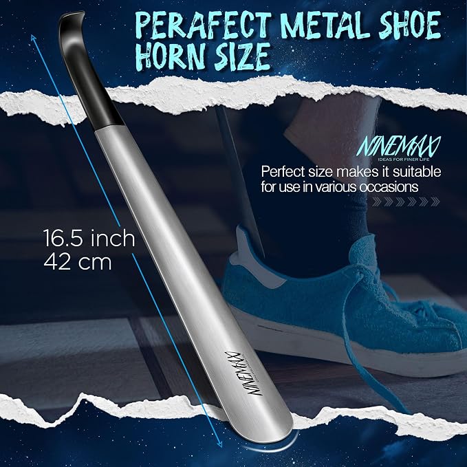 NINEMAX Shoe Horn Long Handle for Seniors Men Women, Metal Long Shoehorn for Boots Stainless Steel Shoe Spoon Helper 16.5''(Pack of 2)