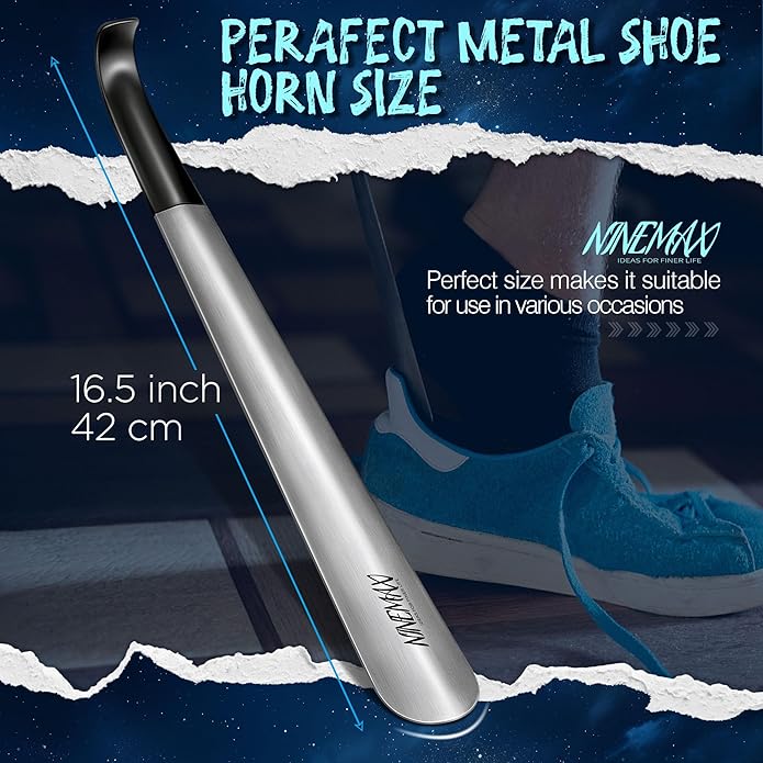 NINEMAX Shoe Horn Long Handle Metal 16.5" for Boot, Long Shoe Horns for Seniors for Men, Women