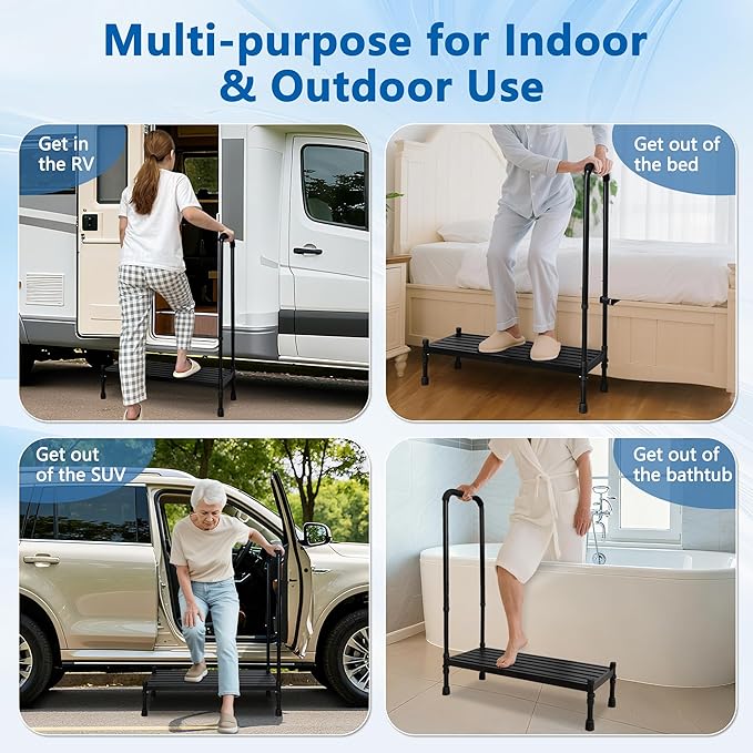 Medical Step Stool with Handle, Bed Step Stool for Elderly, 30.5" Long Bedside Steps for High Beds, Heavy Duty Stepping Stools, Handicap Footstool with Adjustable Handrail for Bed, SUV, Bathtub