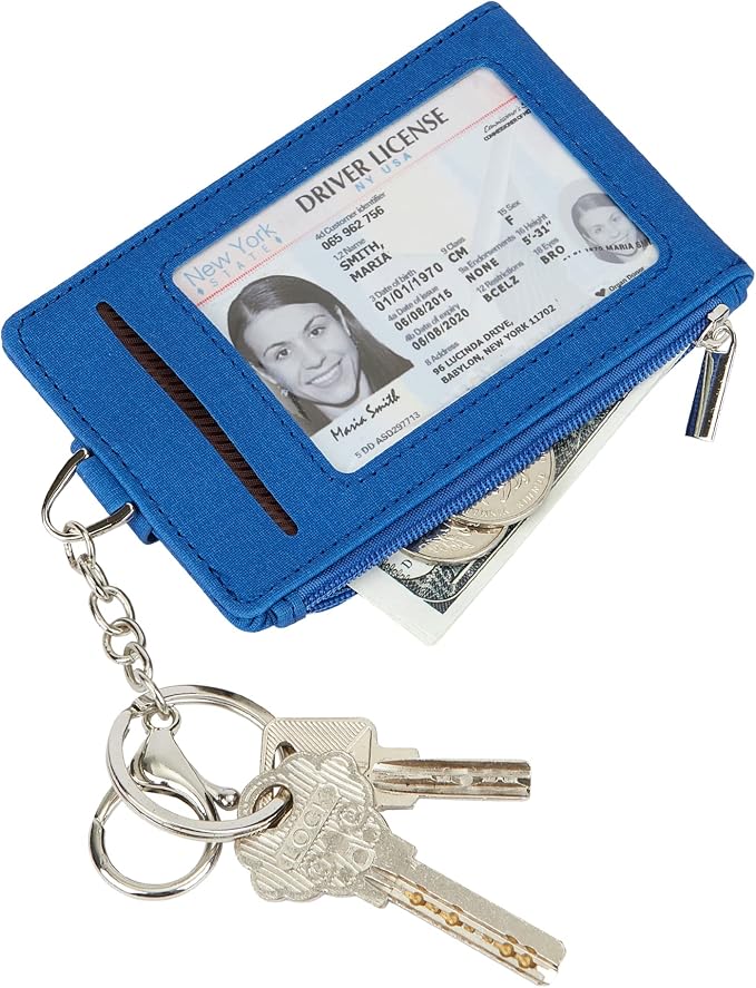 Women & Men Keychain Card Holder Case Zipper Slim Minimalist Front Pocket Wallet with 2 ID Window, Royal Blue