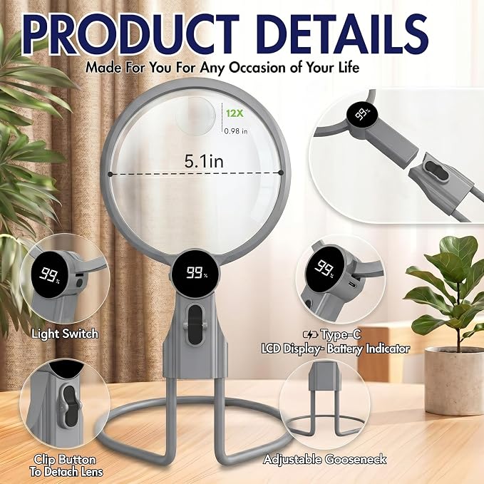 MAGNIPROS Hands-Free Magnifying Glass with Light for Seniors, 5X/10X Rechargeable GooseNeck Magnifier, 3 Color Light Modes, LCD Display, Reading, Sewing, Crafts
