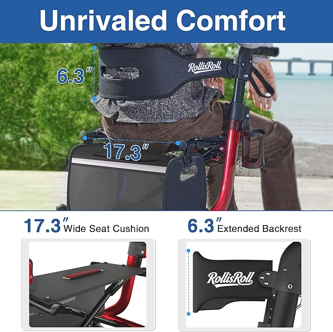 Walkers for Seniors with Seat, Foldable Rollator Walker, Reinforced Aluminum Frame, 10" Big Rubber Wheels for All Terrain, Built-in Cable, Lightweight Rolling Walker, Burgundy