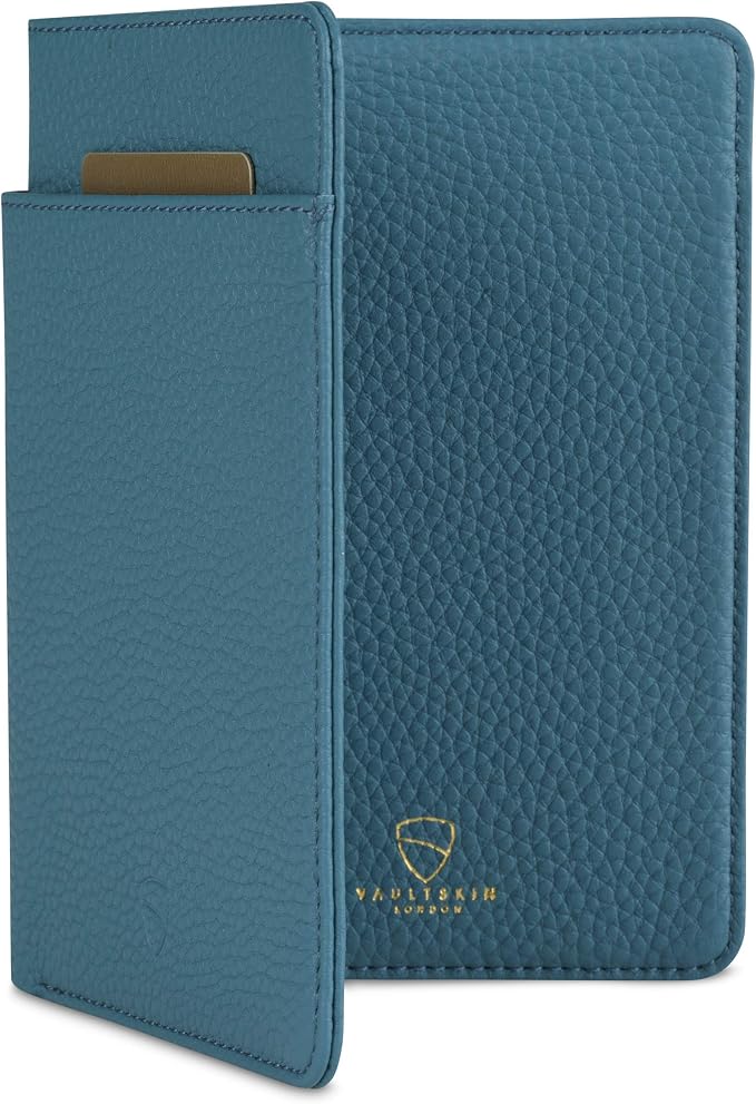Vaultskin KENSINGTON Passport Holder for Travel, RFID Wallet (Turquoise) | Slim genuine leather book cover, small case for men and women, inner sleeve, cards, cash, scan blocking protection, gift box