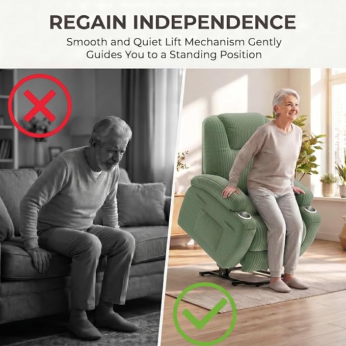 Flamaker Power Lift Chair Massage Recliner Chairs for Elderly | Ergonomic Lift Recliner Design with Cup Holders & Side Pockets, Remote Control (Corduroy, Green)