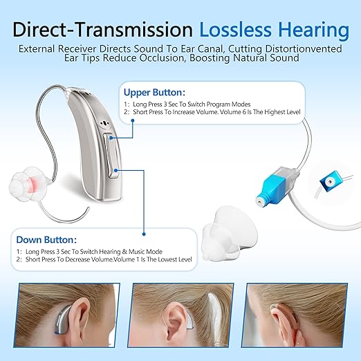 Rechargeable Bluetooth Hearing Aids for Seniors - APP Controlled, Noise Cancelling, Wireless Music Streaming, Hands-Free Phone Calls, OTC Hearing Devices (Gold Violet Clip)