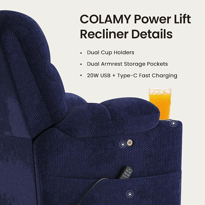 COLAMY Dual Motor Power Lift Recliner Chair for Elderly, Heavy Duty Bariatric Stand Up Assist Sofa with Independent Back & Footrest, Zero Gravity, Massage Heat & Breathable Fabric,Blue