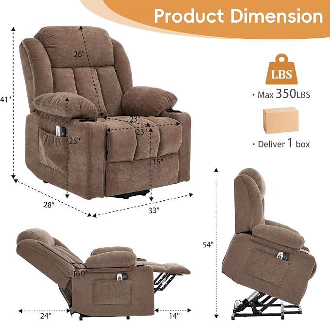 Power Lift Recliner for Elderly,Electric Recliner Chair with Massage & Heating for Adults, USB Charging, Cup Holders, Side Pocket, Living Room Sofa L1288 (Brown)