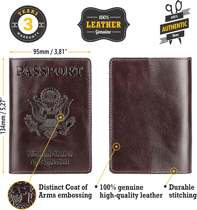 US Leather Passport Book Cover - Thin American Travel Passport Holder - Premium International USA Passport Protector Case for Women Men (Glossy Brown)