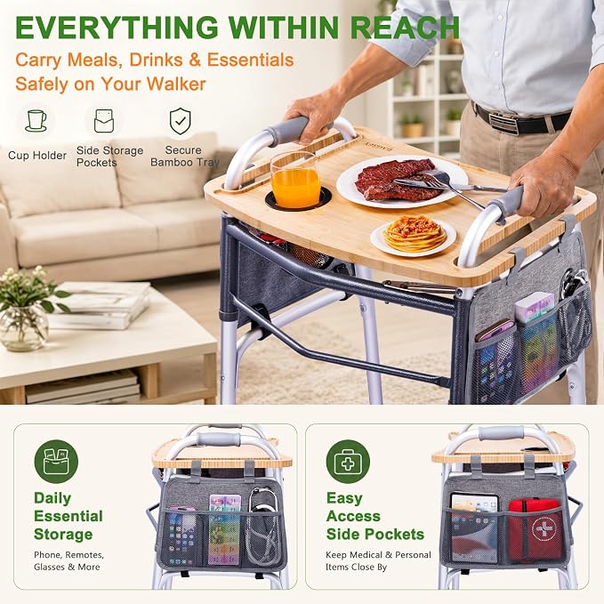 Walker Tray Table with Side Pockets & Cup Holder for Folding Walkers, Foldable Bamboo Walker Tray for Seniors, Stable Walker Accessories with Raised Edges for Meals, Drinks, Reading &Daily Living