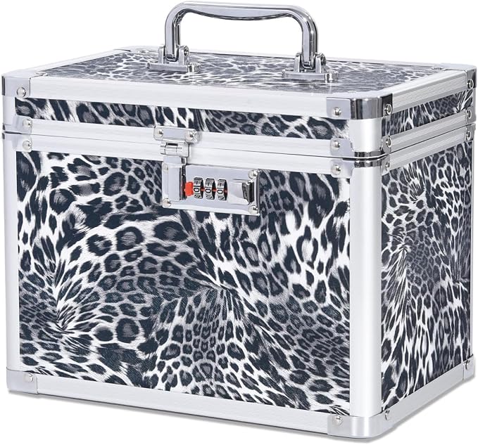 Medication Combination Lock Boxes with Code for Personal Items, Medicine Lockbox for Documents 10 x 7.25 x 7.75 Inches Black Leopard