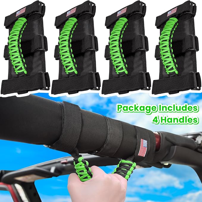 4 x Roll Bar Grab Handles Grip Handle for Jeep Wrangler JK JKU JL JLU TJ YJ Sport Sahara Freedom Rubicon Unlimited Gladiator JT 1955-2023 UTV ATV Premium Paracord Interior Accessories US Flag (Green)