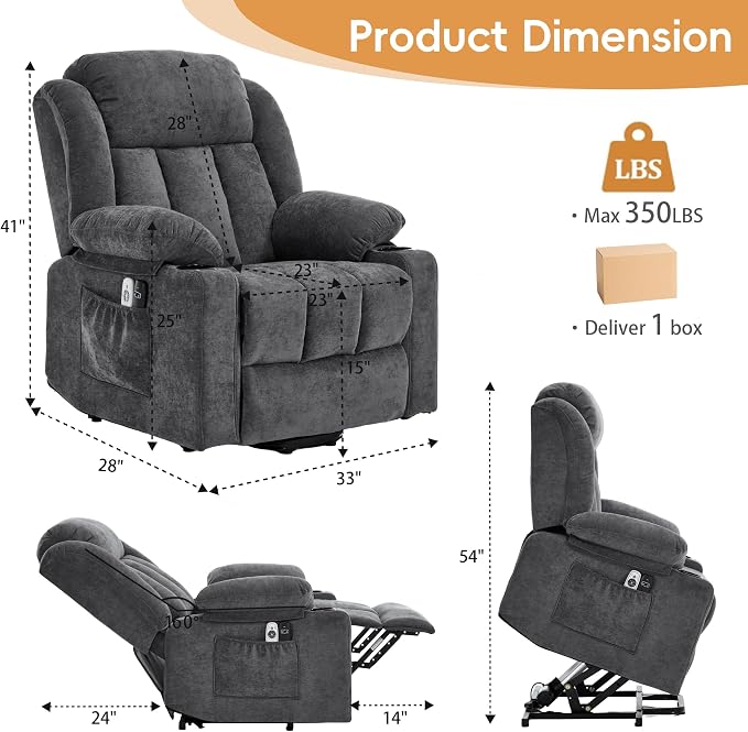 Power Lift Recliner for Elderly,Electric Recliner Chair with Massage & Heating for Adults, USB Charging, Cup Holders, Side Pocket, Living Room Sofa L1288 (Dark Grey)