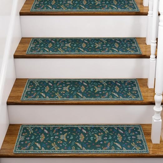 OJIA Insect Stair Treads Non Slip Stair Runner for Wooden Steps 4PCS 8"x30" | Rubber Carpet Stair Treads for Wood Stairs Indoor Staircase Step Treads for Kids & Dogs, Stair Covers, Dark Green