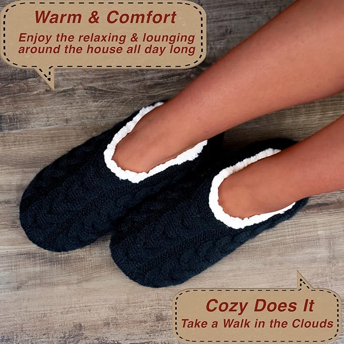 cosyone1997 2-Pair Thick Warm Fuzzy Slippers for Women Indoor Fluffy Sherpa Lined, Winter House Shoe Socks Non-Slip Soft Soles, Cozy Christmas Gifts