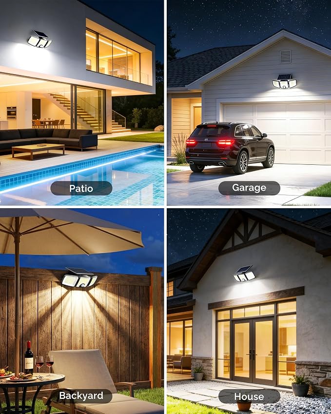 Brightown 2 Pack Solar Flood Outdoor Lights with Motion Sensor 3 Modes | 2500LM 223 LED Solar Outdoor Lights, 3 Head 270° Wide Angle Street Area IP65 Waterproof Security Wall Lights with Remote