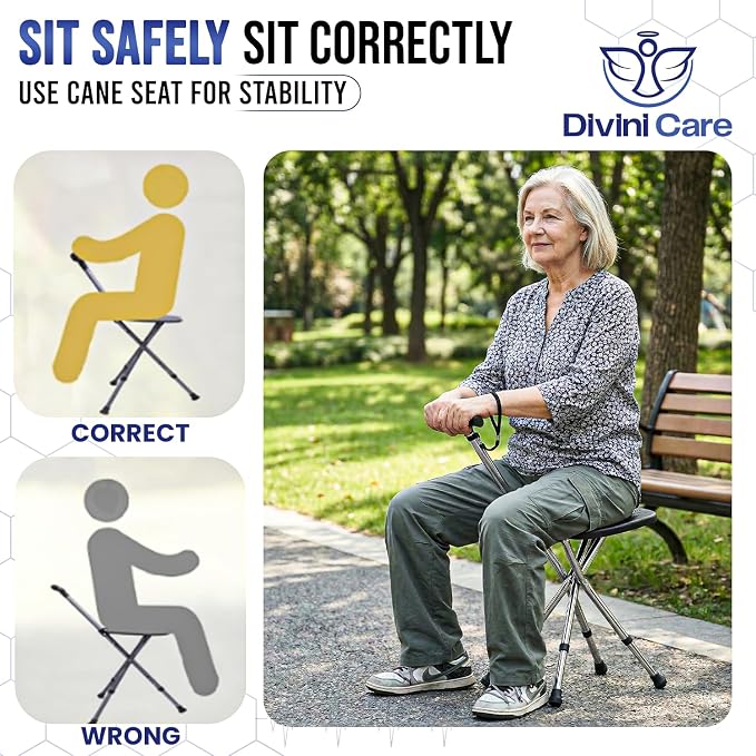 Cane with Seat Folding, Adjustable Walking Cane Chair, Portable Anti-Slip Walking Stick Seat for Seniors, Lightweight Cane Stool for Elderly Men and Women, Folding Cane Supports Up to 396lb