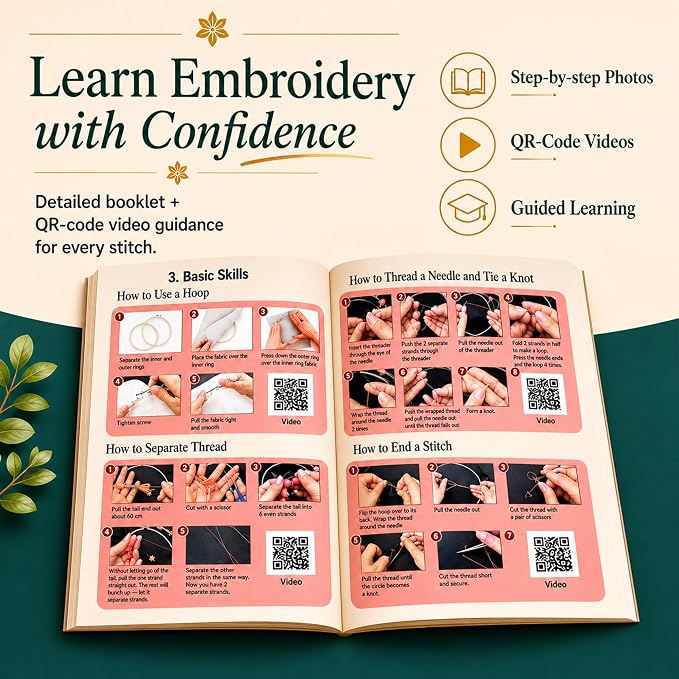 Bradove Classic Embroidery Learning Kit for Adults and Kids | Hand Embroidery Kit for Beginners with Patterns, Beginner Embroidery Kit for Adults, Stitches Practice, Learn to Embroider