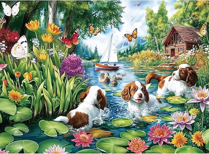 300 Piece Puzzles for Adults&Kids Large Piece, Summer Elderly Jigsaw Puzzles 300 Pieces – Dog Water Fun, Unique Artwork Perfection Game, Family Entertainment & Gift for Seniors(20.5" x 15")