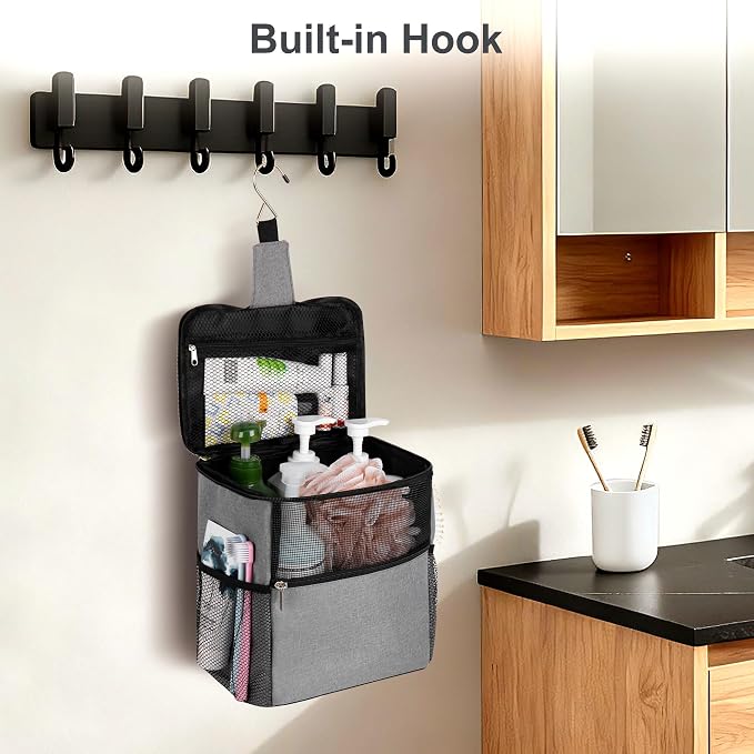 Mesh Shower Caddy Hanging for College Dorm Essentials Grey | Portable Bathroom Caddy Organizer Shower Tote Bag with Built-in Hook for Beach, Swimming, Gym camping