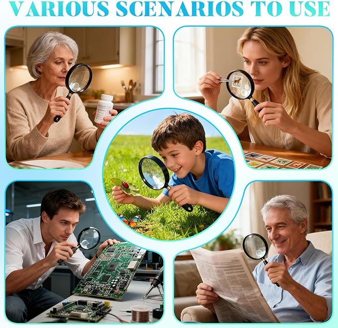 5X 30X Large Magnifying Glass for Reading, 90mm Upgraded Handheld Magnifier with Wide Handle, Magnifying Glass for Seniors Close Work Newspaper Nature Exploration, Hobby