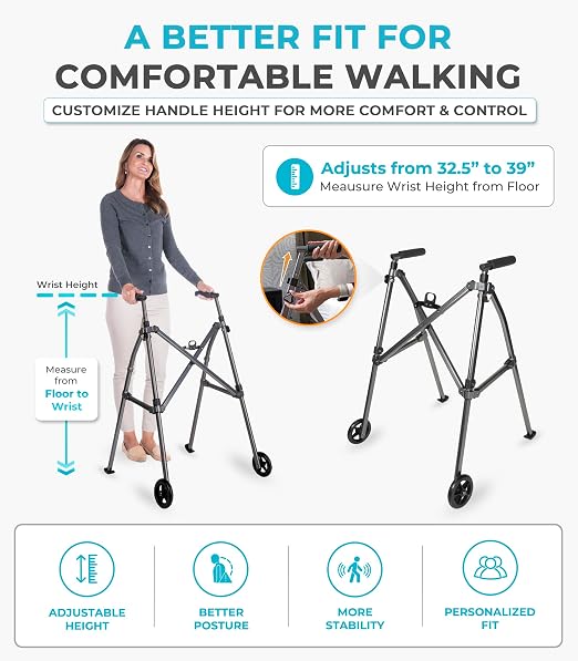 Stander Wonder Walker with 5-inch Wheels, Lightweight Folding Walker for Adults, Seniors, and Elderly, Collapsible Travel Walker, Ski Glides for Mobility Support, Compact, Black Walnut