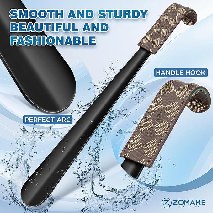 ZOMAKE Shoe Horn Long Handle for Seniors Men Women,Metal Long Shoehorn for Boots,16.5" Shoe Spoon Helper(Block Handle)