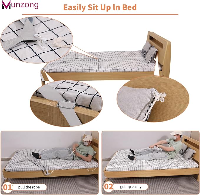 Munzong Bed Ladder Assist 160 Inch, Grey Pull Up& Sit Up Assist Device, Assistive Bedside Straps w/ 5 Handle, Portable Rope Beds Ladder Helper for Elderly Senior Injury Handicap Patient Pregnant(4 m)
