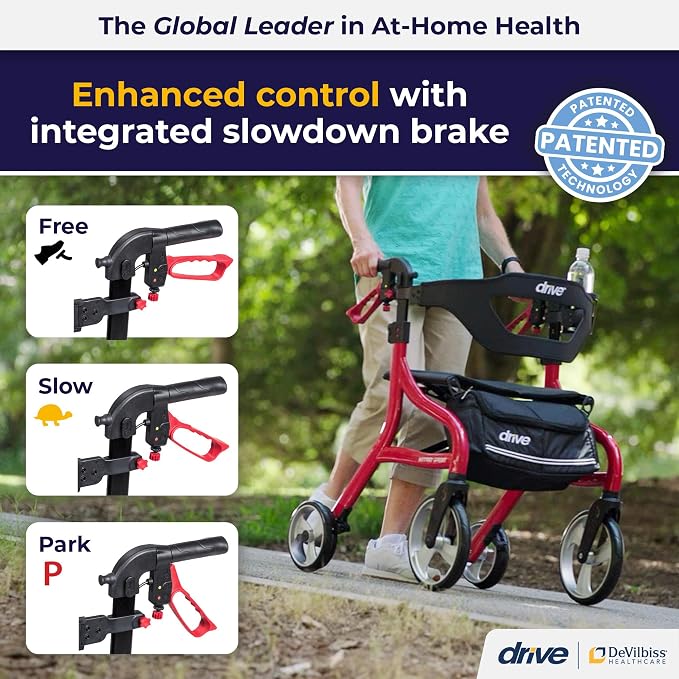 Drive Medical Nitro Sprint Rollator Walker with Seat, Standard Size, Red | Lightweight Rollator with Large Wheels Offers Compact Folding Design for Standard Size Everyday Comfort