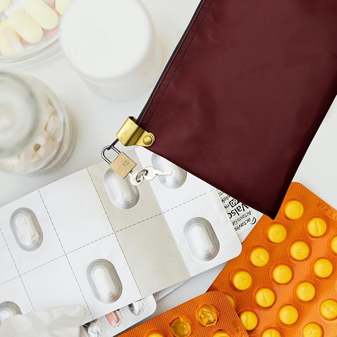 Medication Security Bag with Padlock, Burgundy | Zipper Hood, 2 keys, Small Pill Bag, Travel Carry Pouch, Medicine Storage, Made in USA