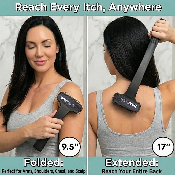Back Scratcher for Men & Women - Long Reach Folding Handle, Skin-Safe Bristles - Extendable, Portable, Easy to Clean - Designed by a USA Small Business