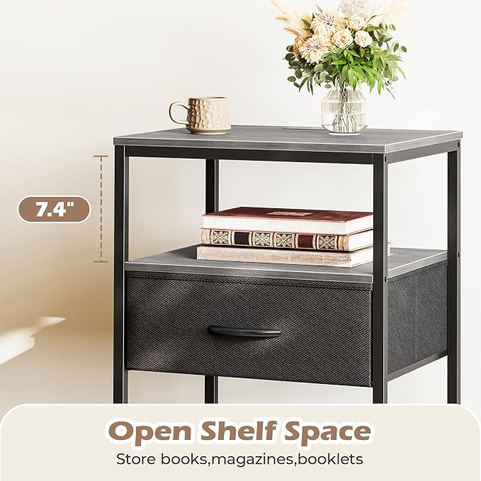SUPERJARE Nightstand with Charging Station, USB-C Port, Bedside Table | 27.7 Inch Tall Nightstand with Adjustable Fabric Drawer, Large Dresser for Bedroom, Living Room, Gray & Black