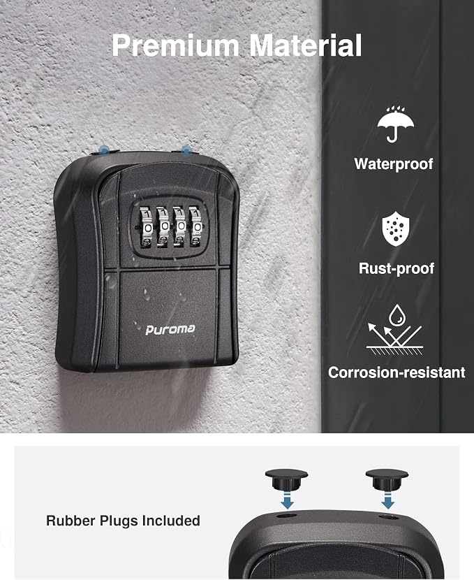 Puroma Key Lock Box Outdoor 4 Digit Code Combination Lockbox House, 2 Black | For Contractors Guest Realtor Storage Keys, Portable, Home Wall Mount, Resettable, Combination, Weatherproof, High-capacity