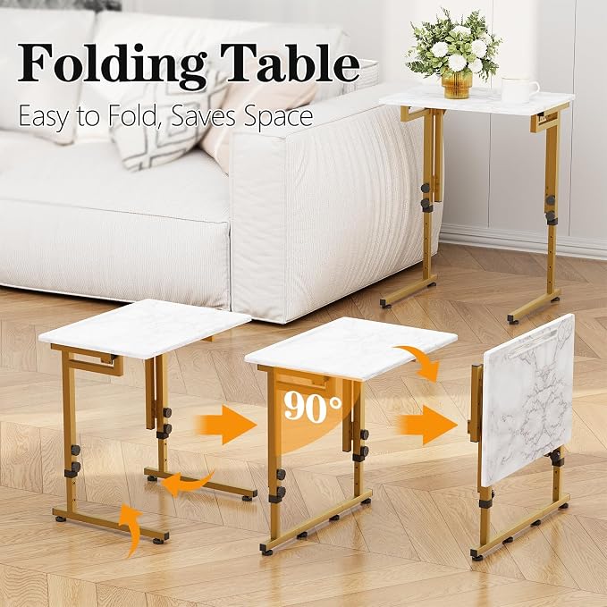 Folding tv Tray Dinner Snack Table,6 Height Adjustable Slide Under Couch Side Table, Portable Small Foldable C-Shaped End Table for Eating with Sturdy MDF Top,No Assembly(White Marble+Gold)