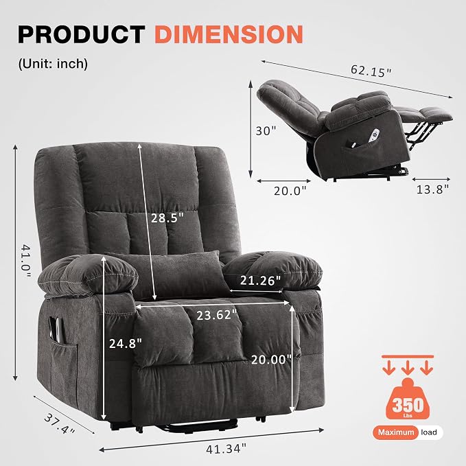 MAHOMICO Power Lift Recliner Chair for Elderly with Vibration Massage and Lumbar Heating,Electric Lift Recliner Single Sofa with Side Pocket,USB Charge Port for Living Room