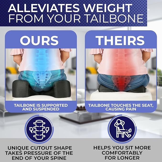 YogiBum Patented Cushion | Extra Large Tailbone Gap | Small Size for 100 lbs to 190 lbs | Relief for LowBack, Tailbone, Sciatica, Hemorrhoids | Snug Fit on Office/Computer Chairs