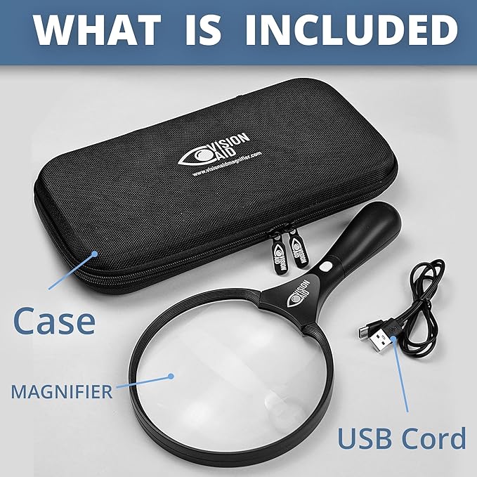 Large Magnifying Glass with LED Light (USB Rechargeable) and Hard Case, 45X 20X Handheld Illuminated Big Magnifier Loupe for Jewelry, Reading, Coins, Low Vision, Close Work