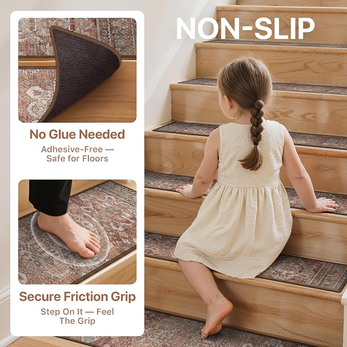 sarben 8"x30" Non Slip Stair Treads for Wooden Steps 15 Pack, Brick | Peel and Stick Carpet Stair Runner with TPE Adhesive Backing, Carpet for Added Safety, Pet and Senior Friendly
