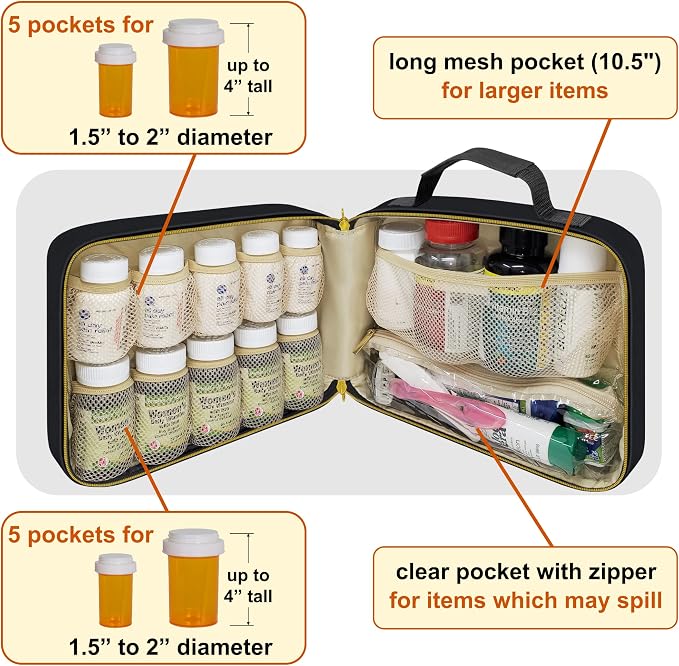 Large Quilted Medicine Organizer Bag - 10 Pockets Soft Pill Bottle Organizer for Travel & Home Storage - Black