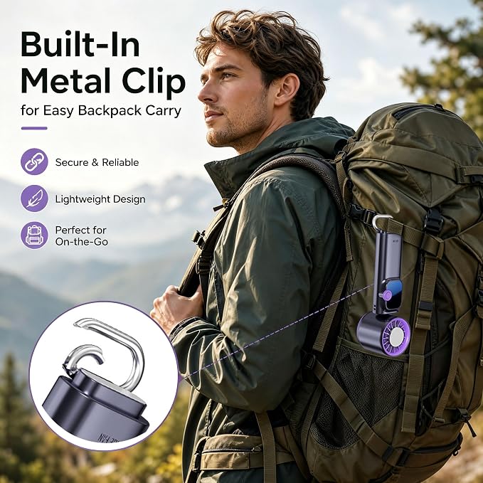 Portable Handheld Fan with Ice Cooling Personal Rechargeable Mini Neck Fan | 199-Speed 20000RPM 4000mAh Battery Powered up to 15hrs, LED Display Foldable & Hangable for Travel, Camping & Outdoor, Purple