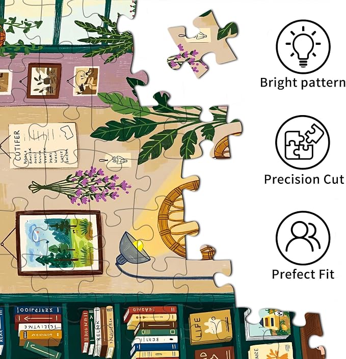 1000 Piece Jigsaw Puzzles for Adults, Reading Nook Puzzle with 1:1 HD Poster, Precise Interlocking, Letter Markings on Back, Dust-Free, Stress Relief & Ideal Family Game Gift