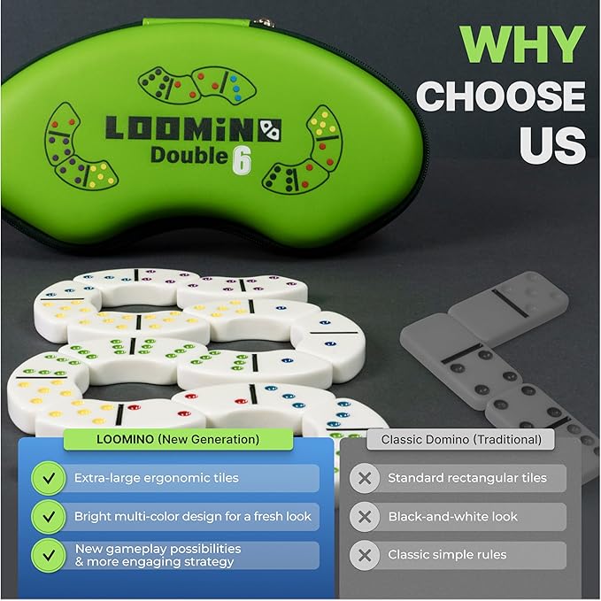 Queensell Loomino - Domino Set for Kids and Adults - New Generation of Dominoes Game - Family Board Game for Kids and Adults