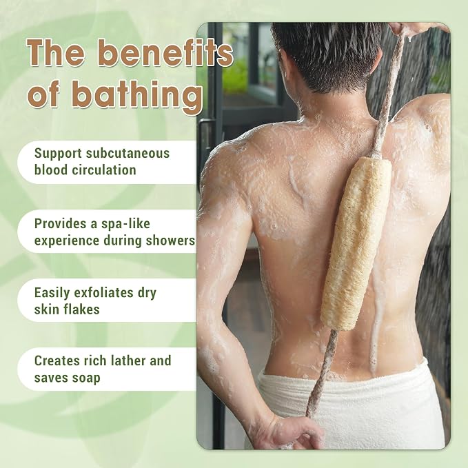 Vietnamese Natural Loofah Back Scrubber - 100% Plant-Based Exfoliation Shower Sponge, Handcrafted Whole Loofah Gourd with Jute Fiber Handle, Suitable for Men & Women (1-Pack)