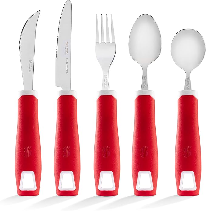 Special Supplies Adaptive Utensils 5-Piece Set Non-Weighted, Non-Slip Handles for Hand Tremors, Arthritis, Parkinson’s or Elderly Use - Stainless Steel Knife, Rocker Knife, Fork, Spoons - Red